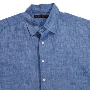 Perry Ellis Men's XL Blue 100% Linen Short Sleeve Button Up Shirt Coastal Casual